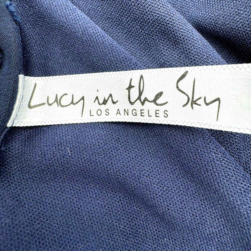 LUCY IN THE SKY XS Navy Blue Mini Dress Ruched Swiss Dot Sheer Balloon Sleeves - Picture 3 of 9